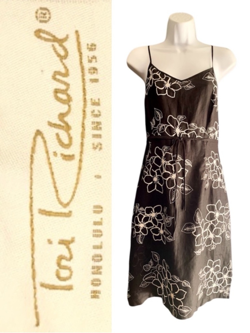 Vintage Tori Richard Honolulu Black and White Embroidered Floral Slip Dress -